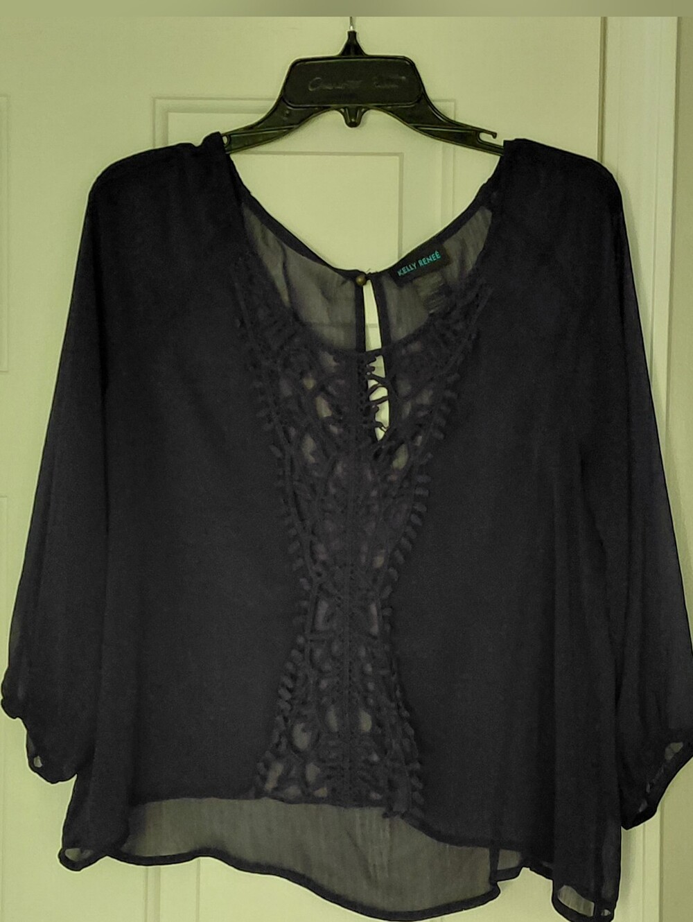 Kelly Renee Sheer Navy Blue Crochet Front Lightweight Blouse Size Large